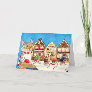 Christmas shopping mice and cat holiday card