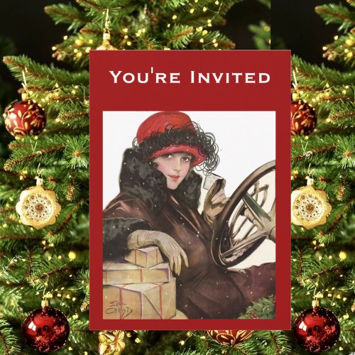 Christmas shopping vintage lady in Red Hat Invitation