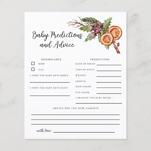 Christmas Shower Baby Predictions & Advice Card (Front)
