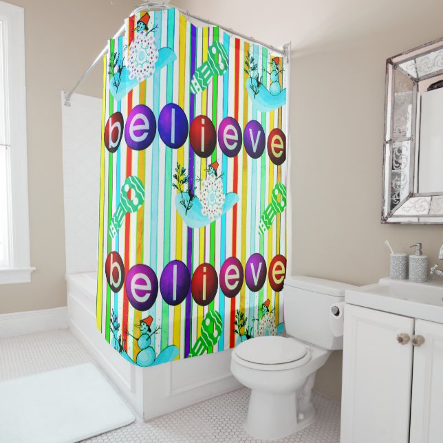 Christmas Shower Curtain, Believe Snowman Shower Curtain (In Situ)