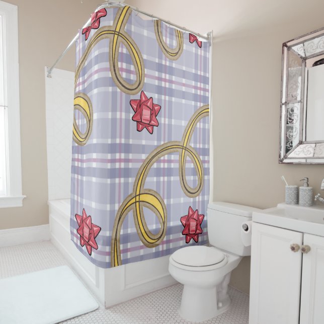 Christmas Shower Curtain, Blue Plaid Red Bow Curtain (In Situ)