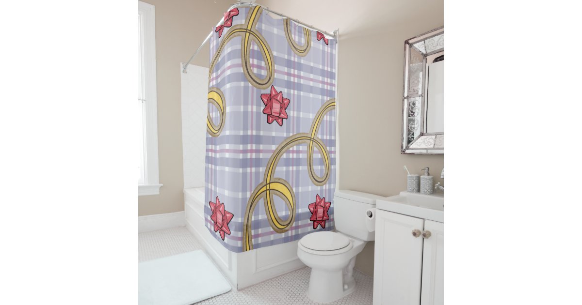 Christmas Shower Curtain, Blue Plaid Red Bow Shower Curtain | Zazzle