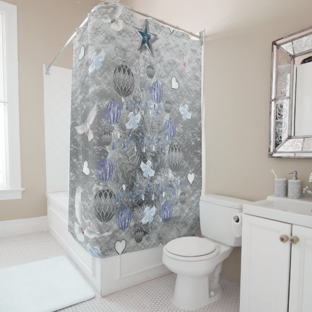 Christmas Shower Curtain, Blue Silver Tree Shower Curtain (In Situ)