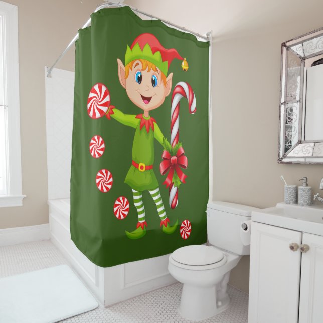 Christmas Shower Curtain, Elf Peppermint Shower Curtain (In Situ)