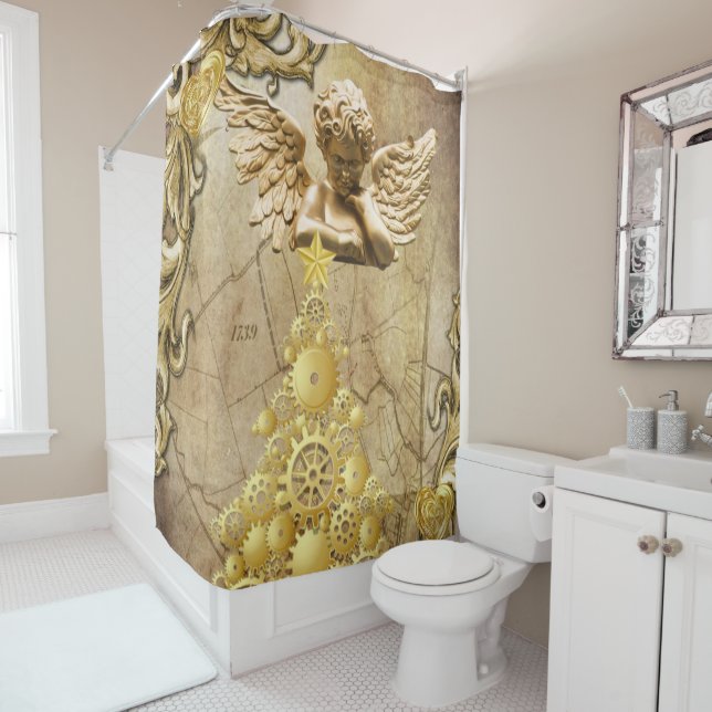Christmas Shower Curtain, Gold Angel Curtain (In Situ)