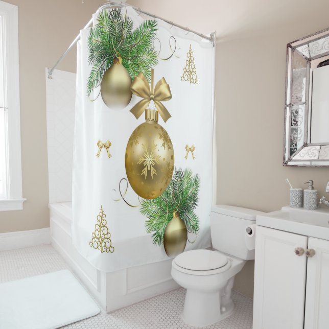 Christmas Shower Curtain, Gold Balls Shower Curtain (In Situ)