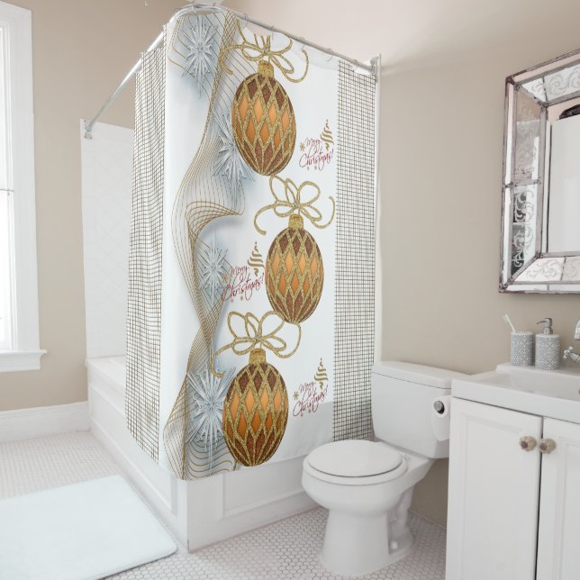 Christmas Shower Curtain, Gold Balls Shower Curtain (In Situ)