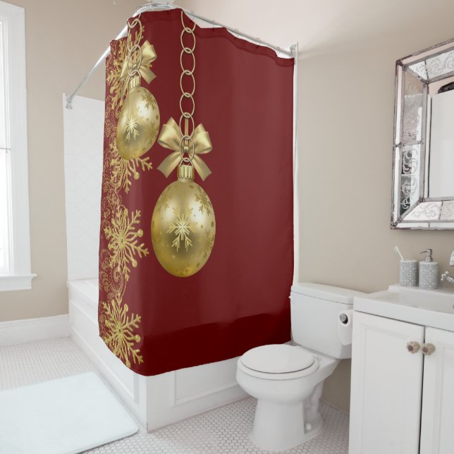 Christmas Shower Curtain, Gold Balls Shower Curtain (In Situ)