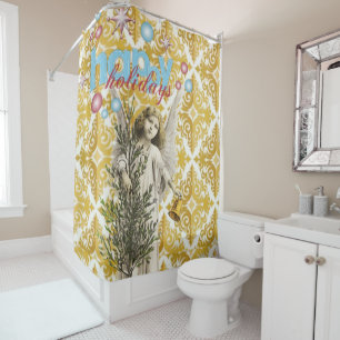 Christmas Shower Curtain, Happy Holidays Angel Curtain