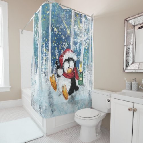 Christmas Shower Curtain Happy Penguin _ Painting