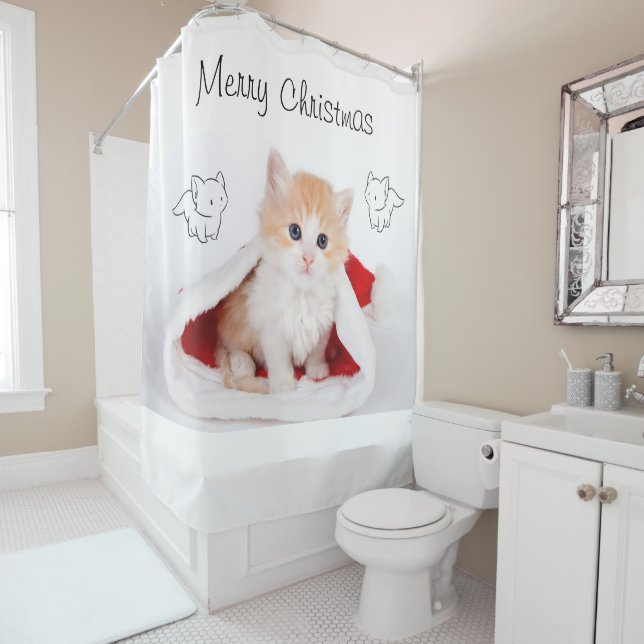 Christmas Shower Curtain, Merry Christmas Kitten Curtain (In Situ)