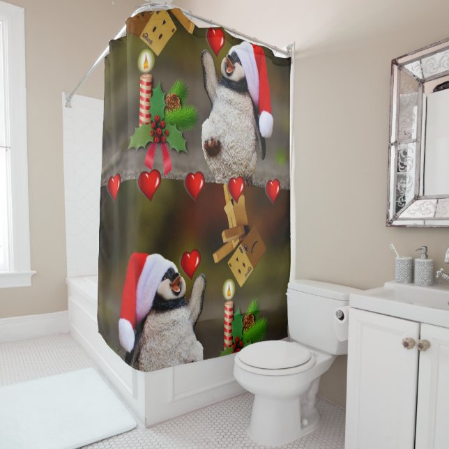 Christmas Shower Curtain, Penguin Curtain (In Situ)