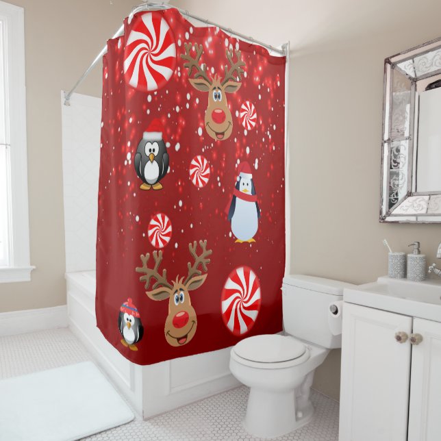 Christmas Shower Curtain, Penguin Curtain (In Situ)