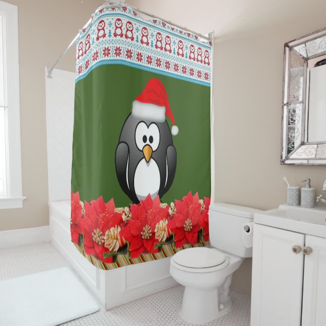 Christmas Shower Curtain, Penguin Shower Curtain (In Situ)