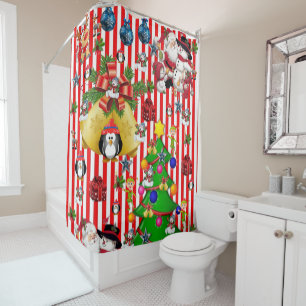 Christmas Shower Curtain, Penguin Stripe Curtain