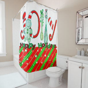 Christmas Shower Curtain, Red Green Stars Stripe  Curtain