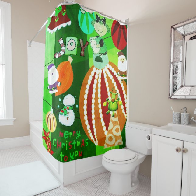 Christmas Shower Curtain, Red Green Stars Stripe  Shower Curtain (In Situ)
