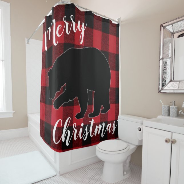 Christmas Shower Curtain Red Plaid Black Bear (In Situ)
