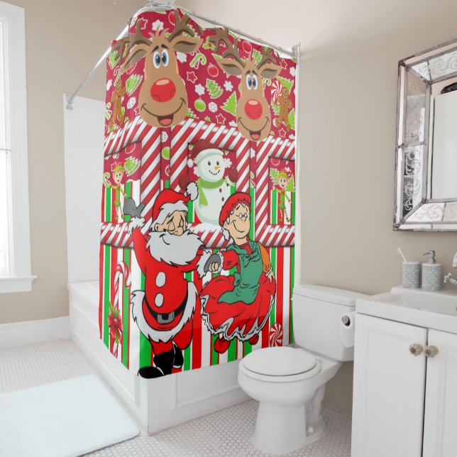 Christmas Shower Curtain, Reindeer Santa Snowman Curtain (In Situ)