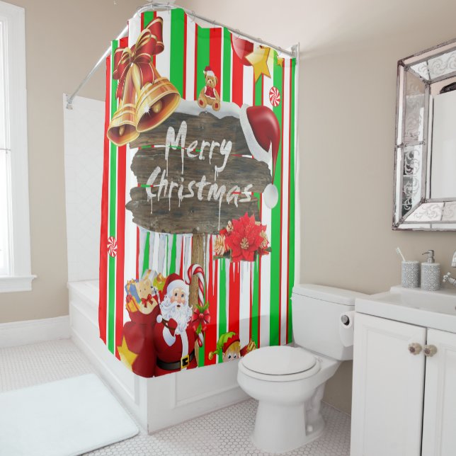 Christmas Shower Curtain, Santa Stripe Curtain (In Situ)
