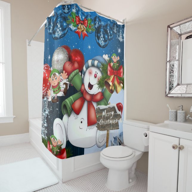 Christmas Shower Curtain, Snowman Curtain (In Situ)