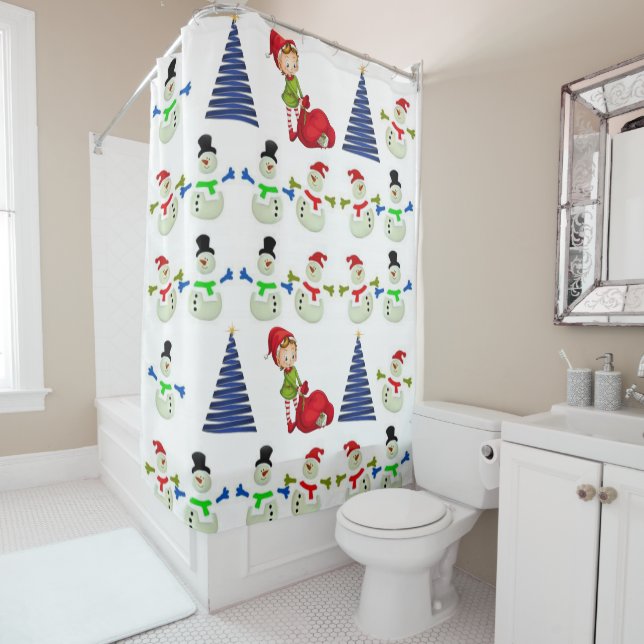 Christmas Shower Curtain, Snowman Curtain (In Situ)