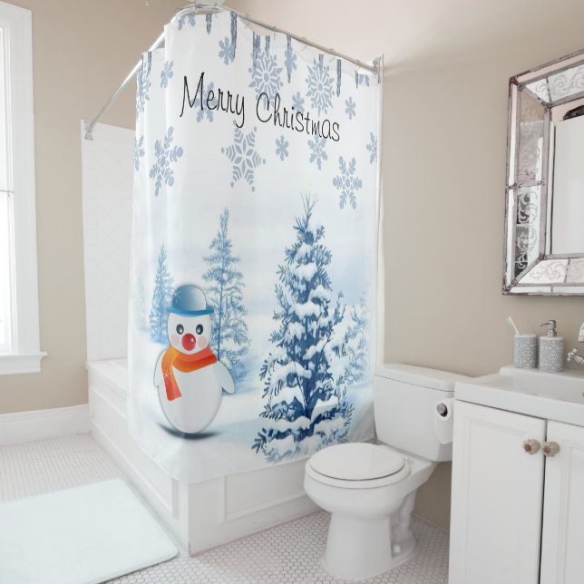 Christmas Shower Curtain, Snowman Curtain (In Situ)