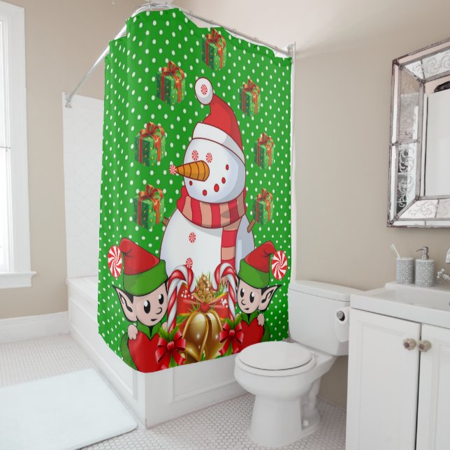 Christmas Shower Curtain, Snowman Elf Shower Curtain (In Situ)