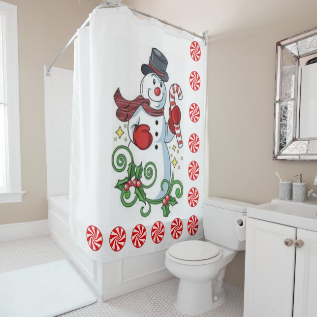 Christmas Shower Curtain, Snowman, Peppermint Shower Curtain (In Situ)