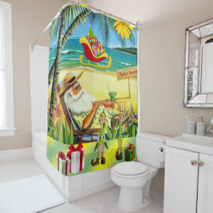 Christmas Shower Curtain, Summer Beach Bum Santa Curtain