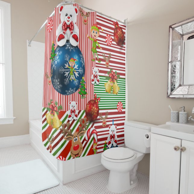 Christmas Shower Curtain, Teddy Bear Stripe Shower Curtain (In Situ)