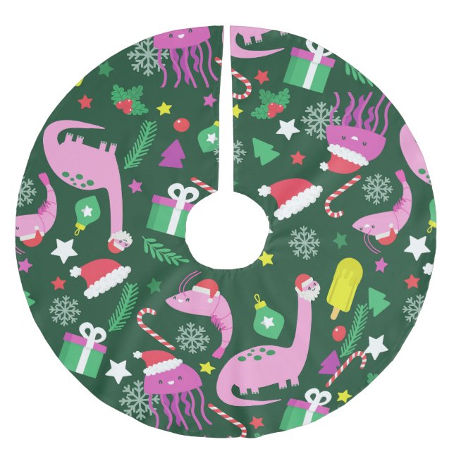 christmas shrimp dinosaur jellyfish santa  brushed polyester tree skirt (Front)