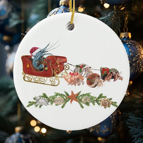 Christmas Shrimp Hermit Crab Crustaceancore Sled Ceramic Ornament