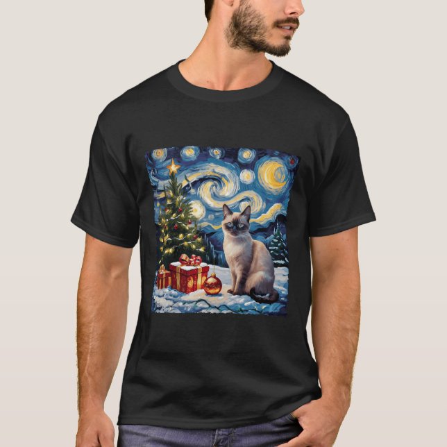 Christmas Siamese Cat Art Van Gogh The Starry Nigh T-Shirt (Front)