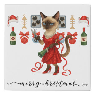 Christmas Siamese Cat is celebrating at home Faux Canvas Print
