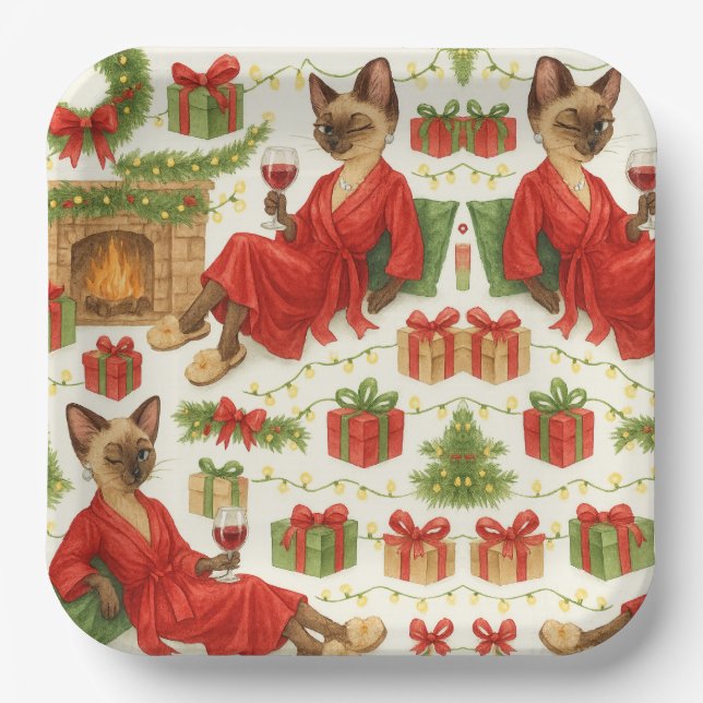 Christmas Siamese Cat is celebrating at home Paper Plates (Front)