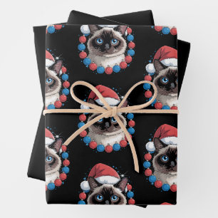 Christmas Siamese Cat Santa Hat Holiday Xmas Wrapping Paper Sheets