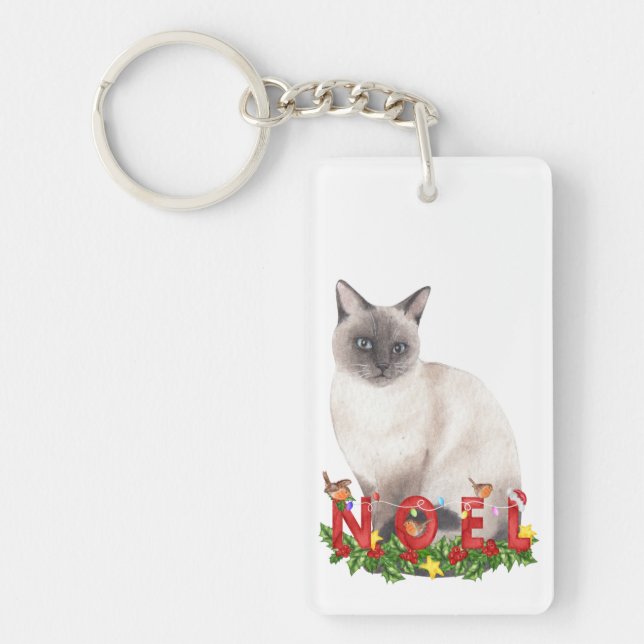 Christmas Siamese Cat Watercolor  Keychain (Front)