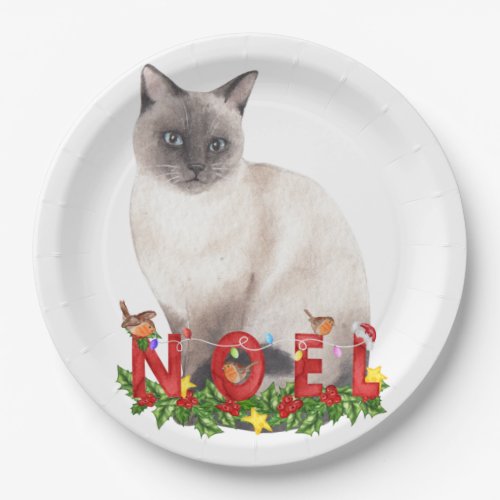 Christmas Siamese Cat Watercolor  Paper Plates