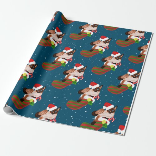 Christmas siamese cats with stocking and Santa hat Wrapping Paper