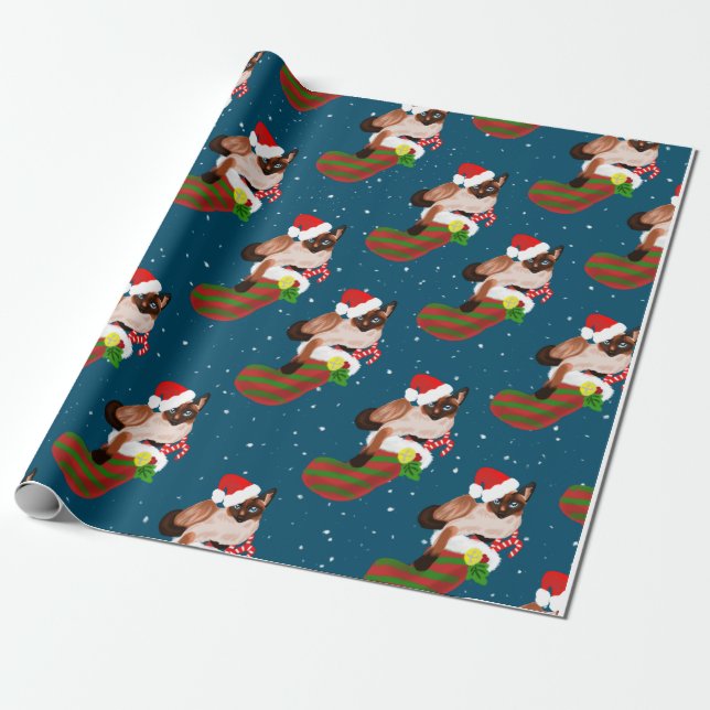 Christmas siamese cats with stocking and Santa hat Wrapping Paper (Unrolled)
