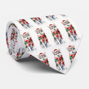 Christmas Siberian Husky In Snowflakes Neck Tie