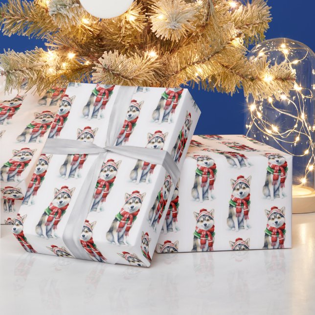 Christmas Siberian Husky On White Wrapping Paper (Holidays)