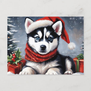 Christmas Siberian Husky Puppy Wearing Santa Hat Holiday Postcard