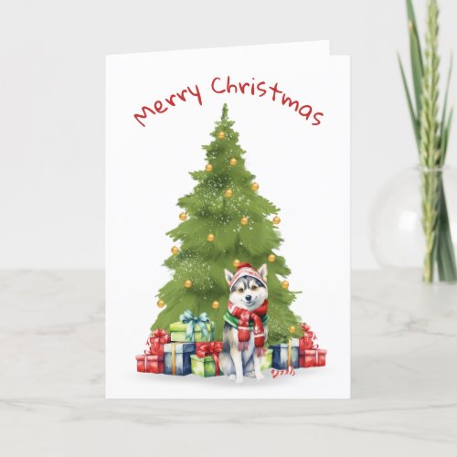 Christmas Siberian Husky With Gifts Holiday Card
