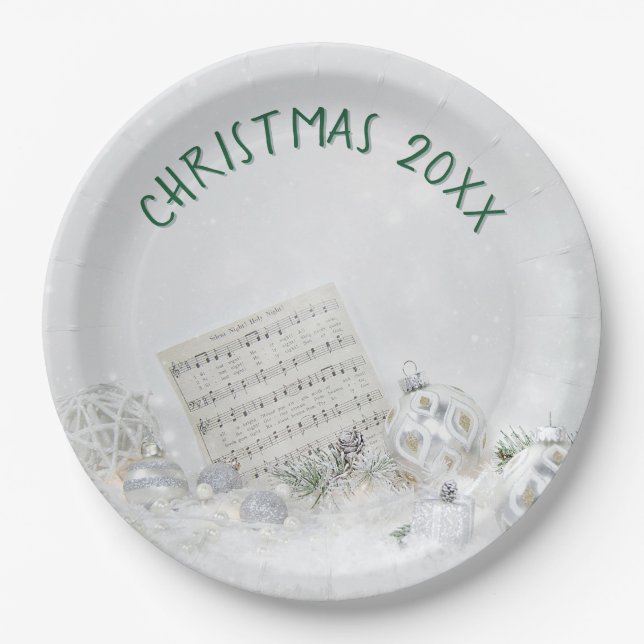 Christmas Silent Night Music In Snow Paper Plates (Front)