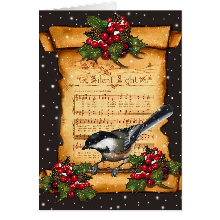 Christmas Silent Night Sheet Music, Scroll, Bird Greeting Cards