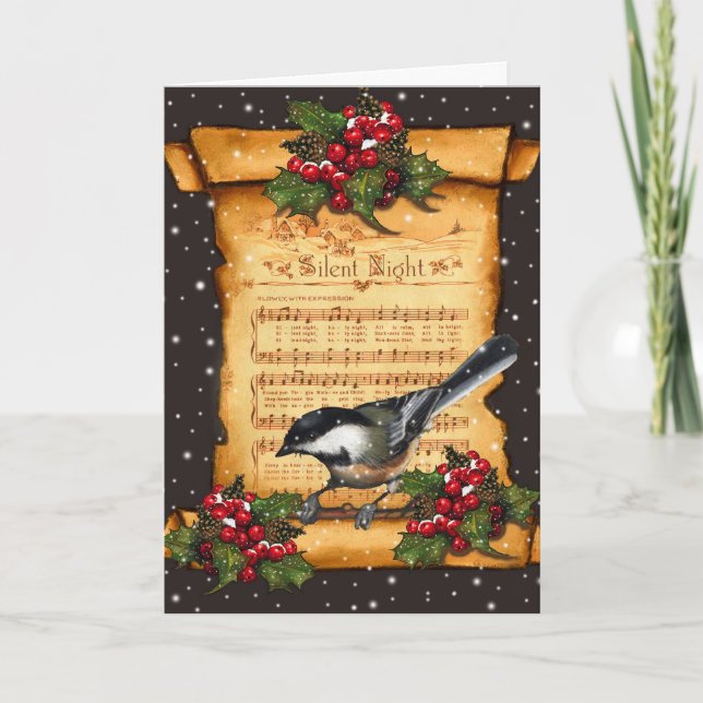 Christmas: Silent Night Sheet Music, Scroll, Bird Holiday Card (Front)