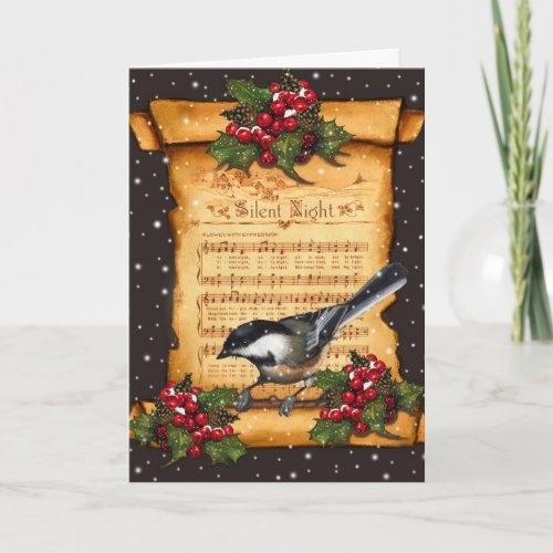 Christmas Silent Night Sheet Music Scroll Bird Holiday Card