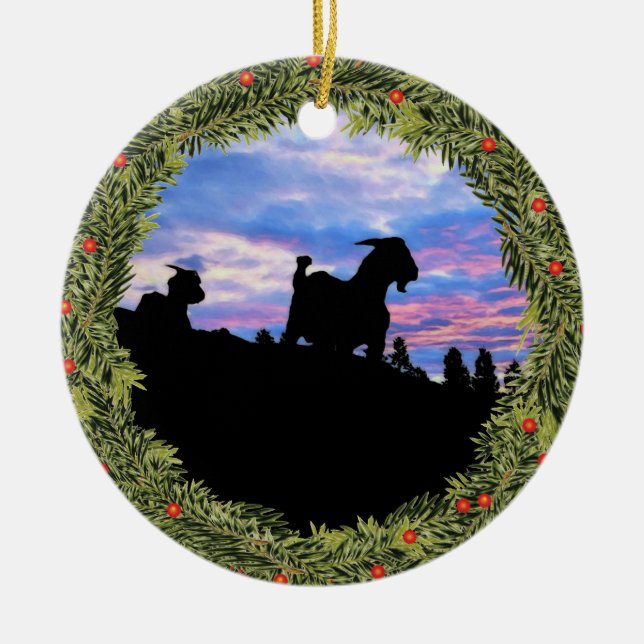 Christmas Silhouettes Goats on the Mountain Ceramic Ornament (Front)